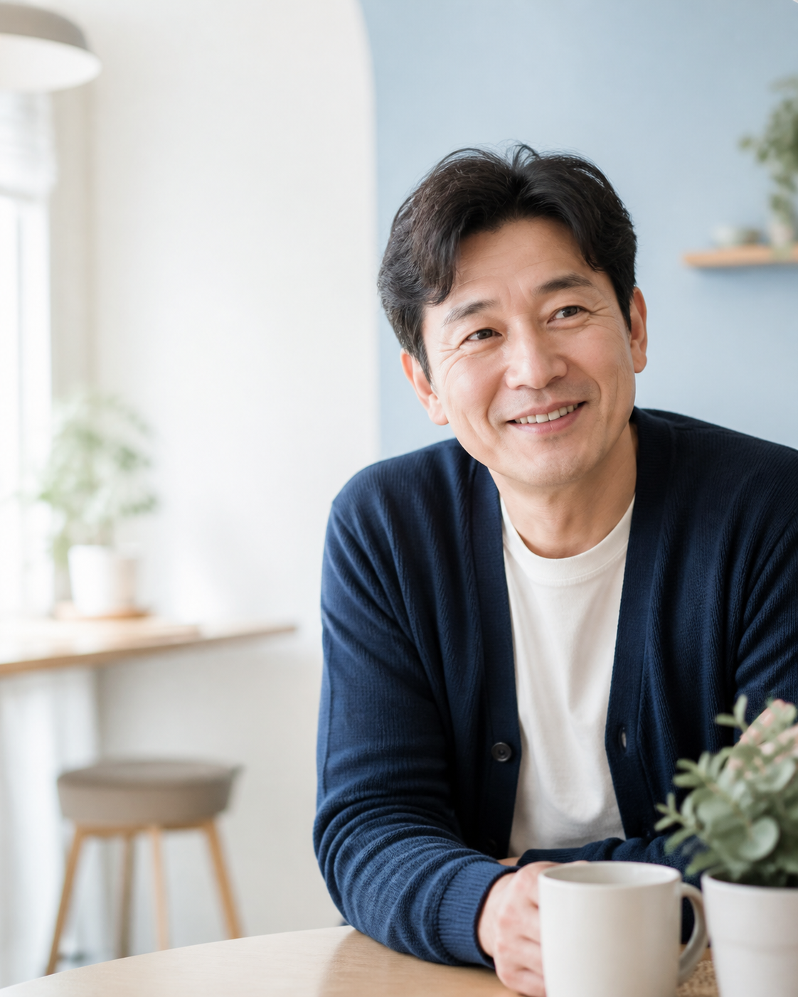 편안한 표정으로 이야기를 듣는 동네삼촌